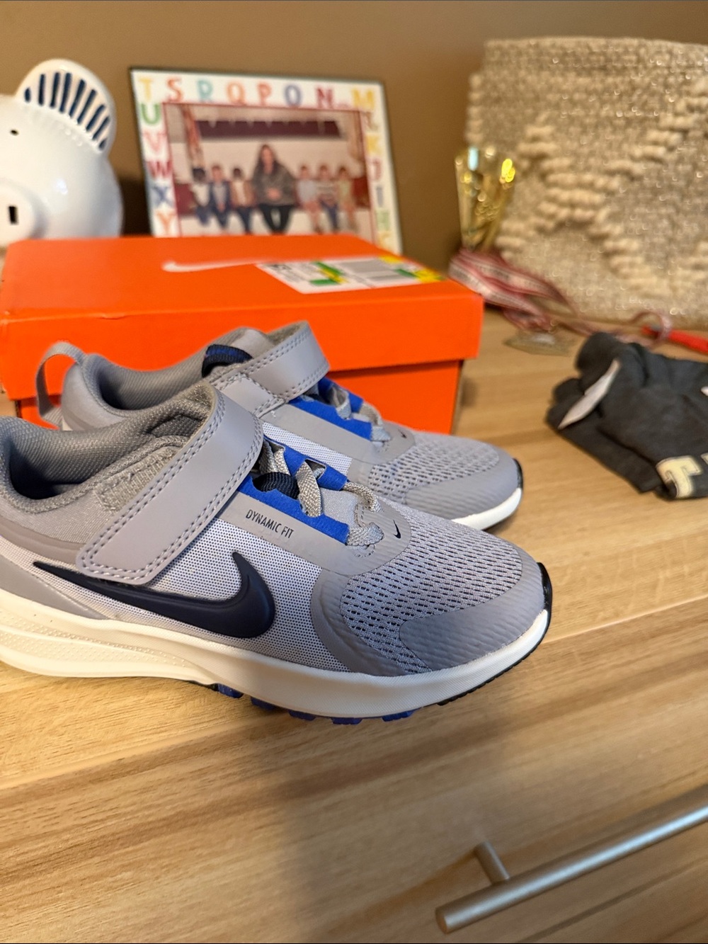 Nike Kids Grey and Navy Dynamic Fit Sneaker with Hook-and-Loop Strap
